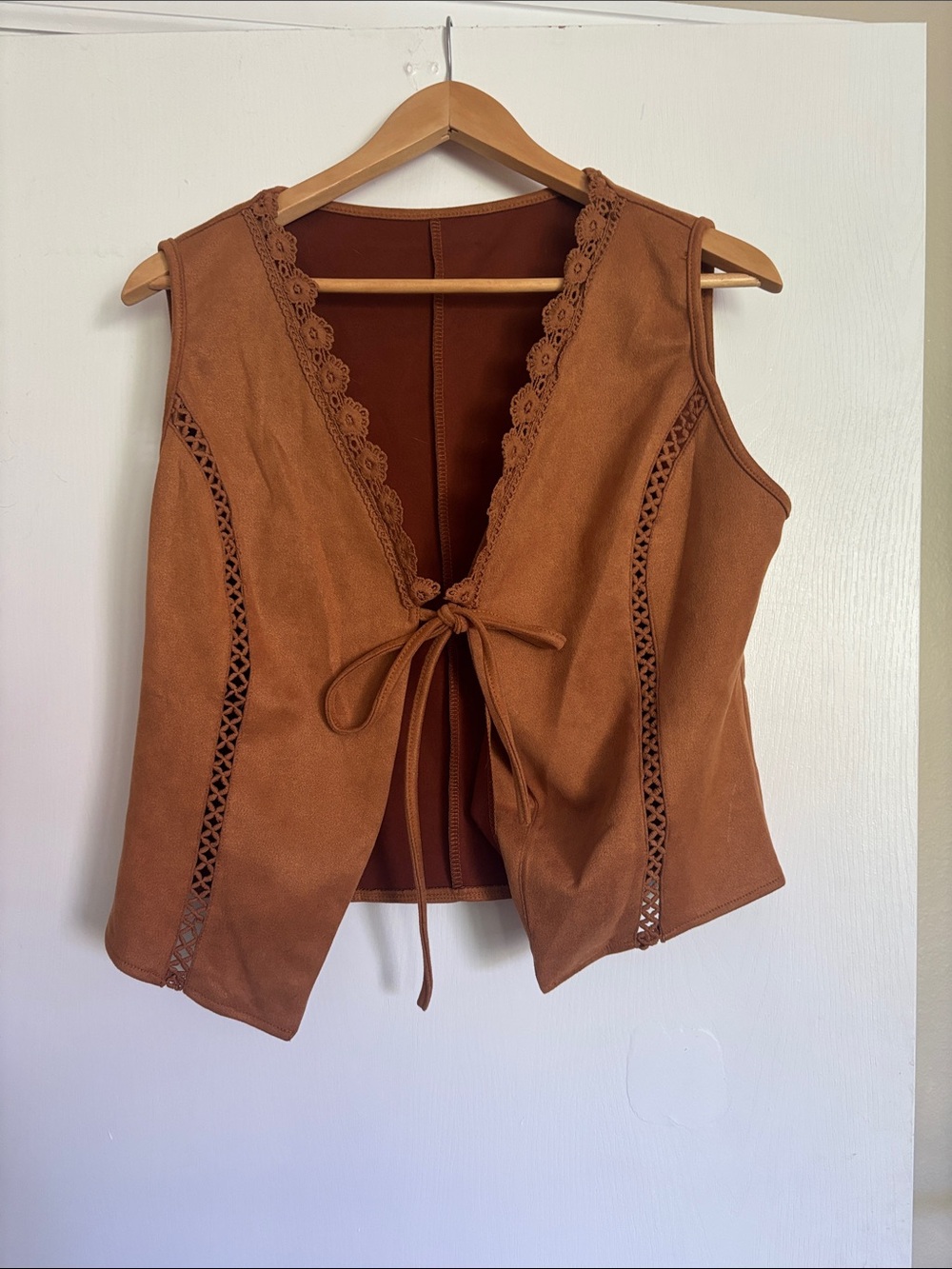 Brown Suede-Look Crochet Trim Tie-Front Vest
